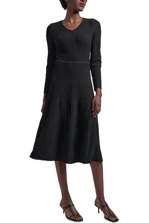 Misook Long Sleeve V Neck Ribbed Midi Dress