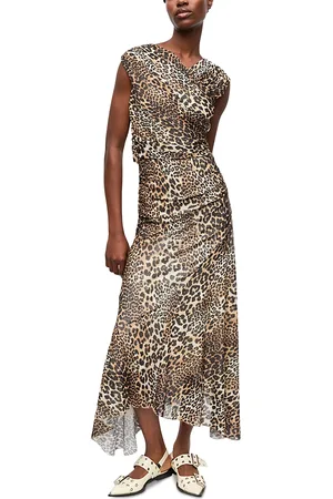 Ganni Printed Mesh Long Ruched Crossover Dress