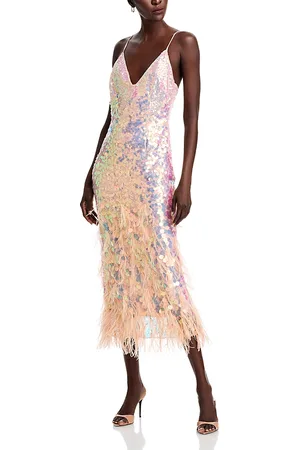 LOVESHACKFANCY Miriana Iridescent Sequined Midi Dress with Feathers
