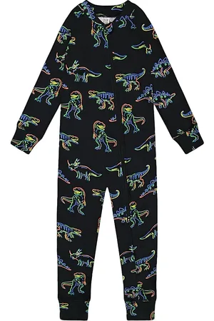 Deux par Deux One Piece Thermal Underwear Black Printed Neon Dino