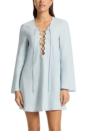 JETS Linen Tie Front Mini Cover-Up Dress