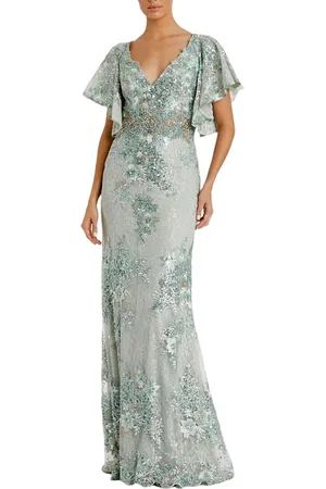 Mac Duggal Bell Sleeve Floral Embellished Gown