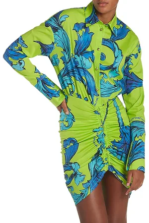VERSACE Printed Button Front Ruched Mini Dress