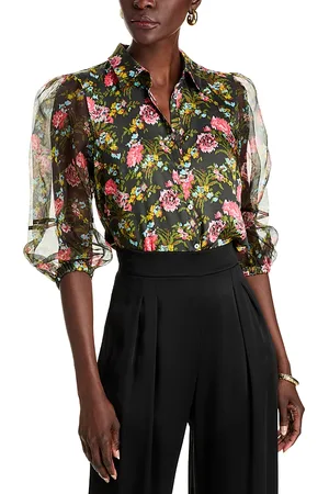 Cinq A Sept Impressionist Floral Sheer Sleeve Blouse