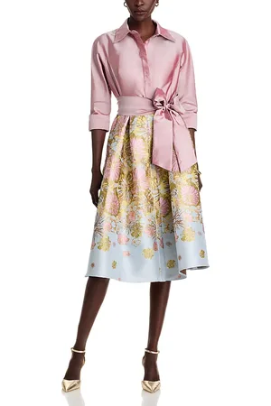 Teri Jon by Rickie Freeman Mixed Media Floral Jacquard Shirt Dress