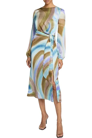 Santorelli Doria Long Sleeve Midi Dress with Waist Tie in Abstract Swirl Print