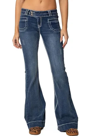 Edikted Contrast Stitch Low Rise Flared Jeans in Blue Wash