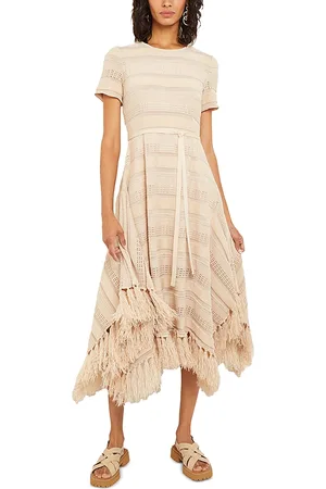 Misook Pointelle Striped Fringed Soft Knit Dress