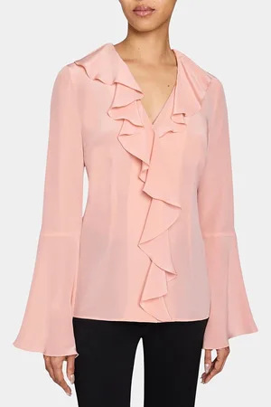 Santorelli Sydney Long Sleeve Button Down Blouse with Ruffles in Silk Crepe De Chine