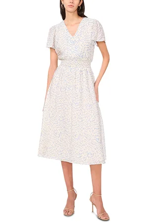 Vince Camuto Printed V Neck Flutter Sleeve Dress