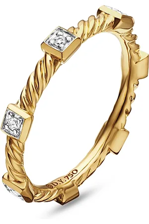 David Yurman Cable Collectibles Stations Stack Ring in 18K Yellow with Diamonds, 2mm
