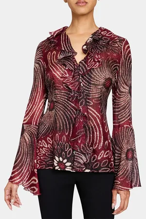 Santorelli Sydney Long Sleeve Button Down Blouse with Ruffles in Silk Modern Gingham Floral Print