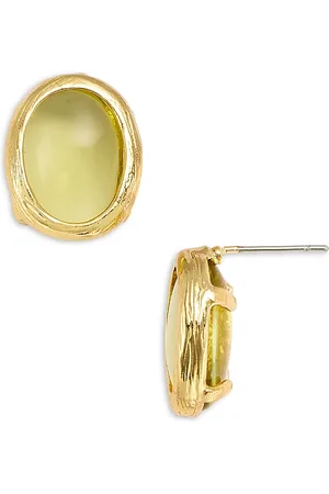 Aqua Oval Stone Stud Earrings in Gold Tone