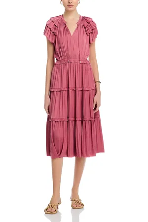 ELIE TAHARI Flutter Sleeve Split Neck Flare Airflow Dress