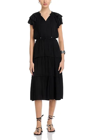 ELIE TAHARI Flutter Sleeve Split Neck Flare Airflow Dress