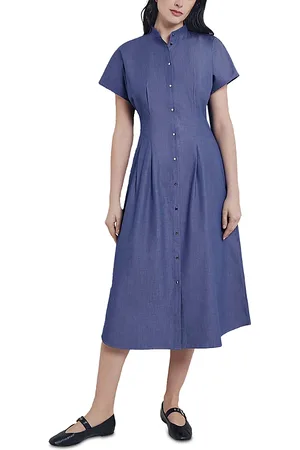 Misook Stand Collar Button Front Midi Dress