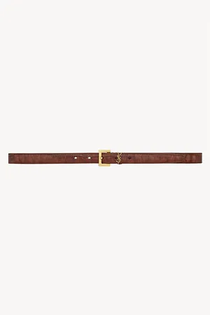 Saint Laurent Cassandre Thin Belt in Crocodile-embossed Leather