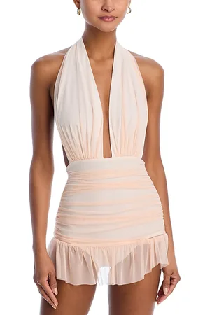 Norma Kamali Ruffle Halter Mini Dress One Piece Swimsuit