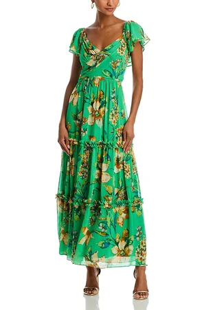 Aqua Floral Chiffon Flutter Sleeve Maxi Dress