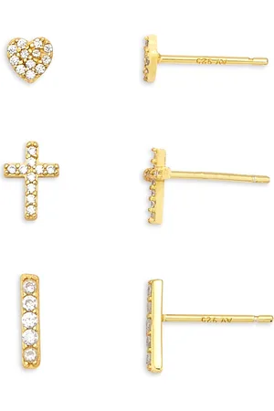Argento Vivo Pave Heart, Cross, & Vertical Bar Stud Earrings, Set of 3