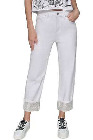 Karl Lagerfeld High Rise Crystal Cuff Jeans in White