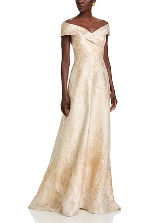 Teri Jon by Rickie Freeman Metallic Jacquard Off-the-Shoulder Gown