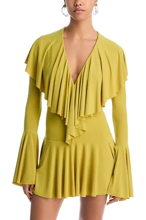 Norma Kamali Long Sleeve Deep V Ruffle Mini Dress