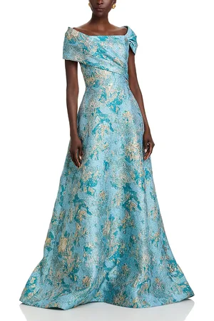 Teri Jon by Rickie Freeman Metallic Jacquard Asymmetrical Gown