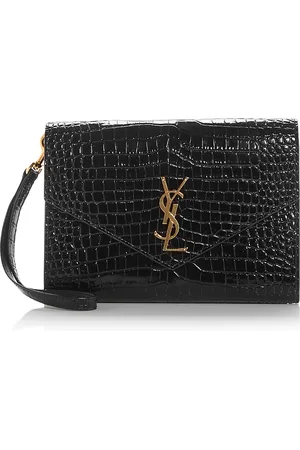 Saint Laurent Monogram Croc Embossed Leather Clutch