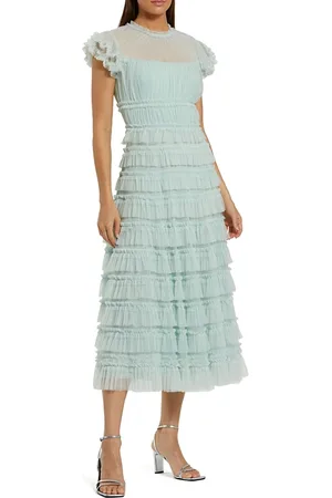Mac Duggal Solid Mesh Dot Micro Ruffle High Neck Midi dress