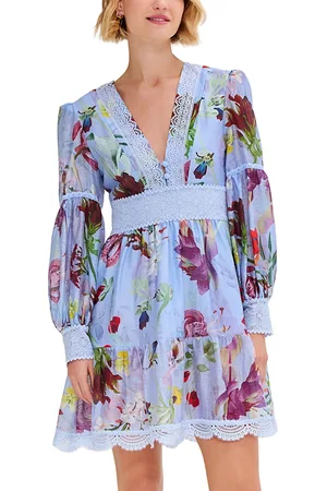 PATBO Lily Flower Long Sleeved Plunge Mini Dress