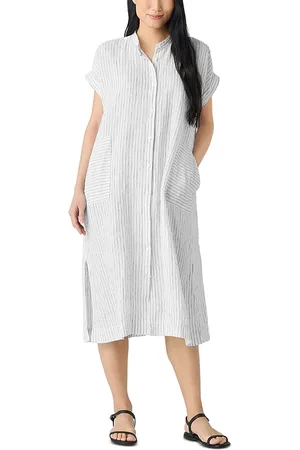 Eileen Fisher Puckered Linen Mandarin Collar Dress