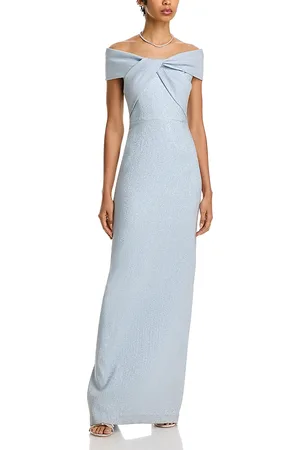 Teri Jon by Rickie Freeman Metallic Jacquard Off-the-Shoulder Gown