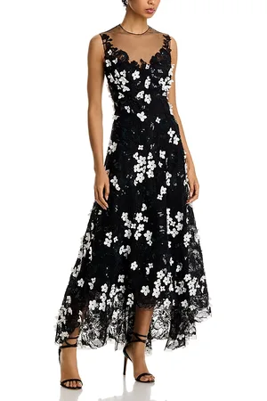 Teri Jon by Rickie Freeman Tulle Beaded 3D Flower High Low Hem Gown