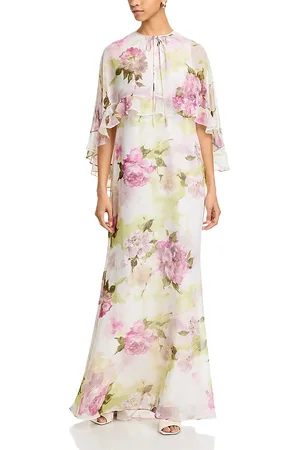 Teri Jon by Rickie Freeman Chiffon Floral Ruffled Capelet Gown