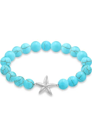 Aqua Starfish Charm Gemstone Beaded Stretch Bracelet in Sterling Silver