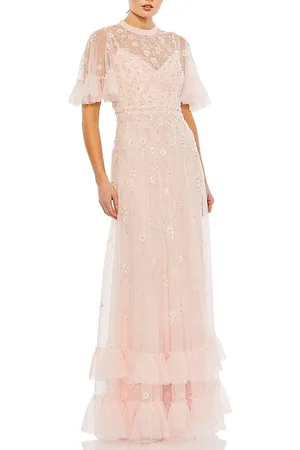Mac Duggal Ruffled Floral Embellished Flutter Sleeve A-Line Gown