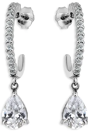 Aqua Cubic Zirconia Pear Shape Charm Half Hoop Earrings in Sterling