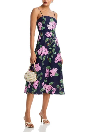 Aqua Linen Floral Square Neck Midi Dress
