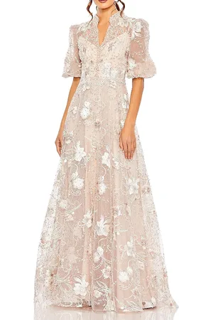 Mac Duggal Queen Anne Puff Sleeve A Line Gown