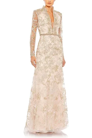 Mac Duggal Long Sleeve Applique V-Neck Gown