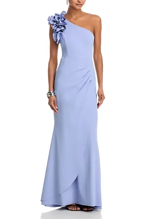 Aqua One Shoulder Ruffle Crepe Gown