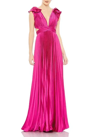 Mac Duggal Pleated Ruffled Cap Sleeve Cut Out Lace Up Gown