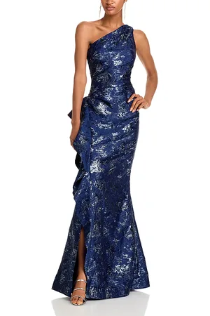 Teri Jon by Rickie Freeman Metallic Jacquard One-Shoulder Gown