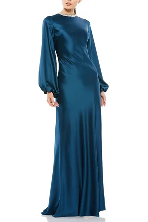 Mac Duggal Satin Long Blouson Sleeve Evening Gown