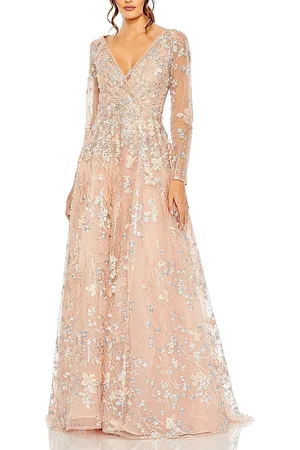 Mac Duggal Embellished Wrap Over Illusion Long Sleeve A-line Dress