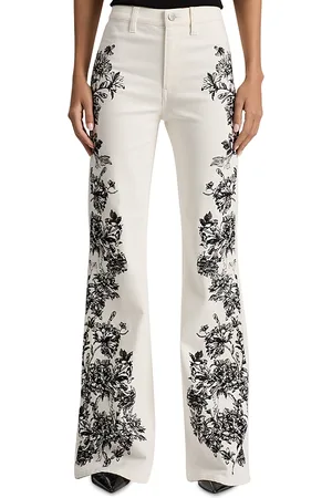 ALICE+OLIVIA High Rise Embroidered Wide Leg Jeans in Off White Black