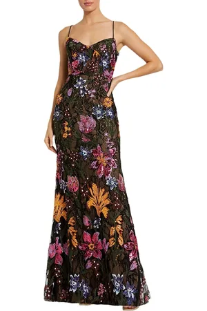 Mac Duggal Spaghetti Strap Floral Embroidered Gown