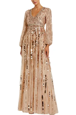 Mac Duggal Embellished Mesh Long Sleeve V Neck Gown