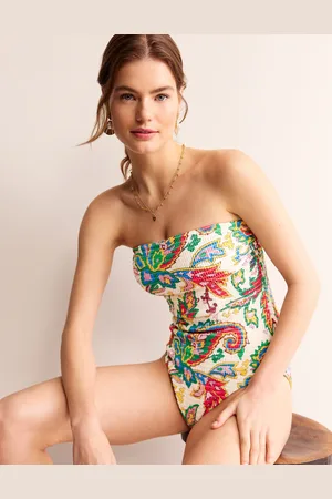 Boden Milos Smocked Bandeau SwimsuitIvory, Paisley Azure Women